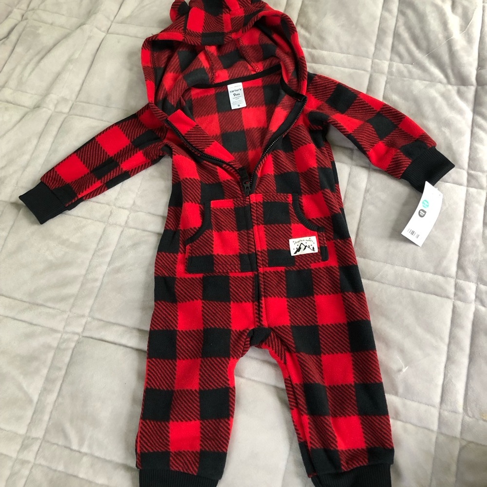 Carter's Red and Black Plaid Onsie with Hood Pockets and Zipper
